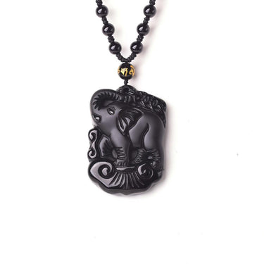 Lucky Trunk Up Natural Black Obsidian Elephant Pendant